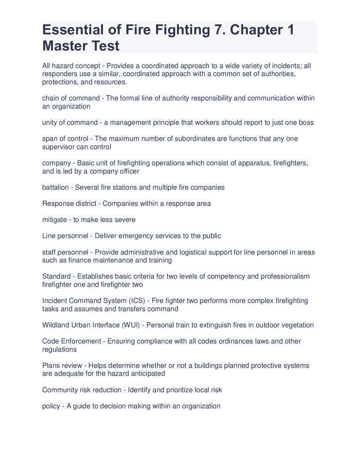 Preview image for Essential of Fire Fighting 7. Chapter 1 Master Test| 400 QUESTIONS| WITH COMPLETE SOLUTIONS
